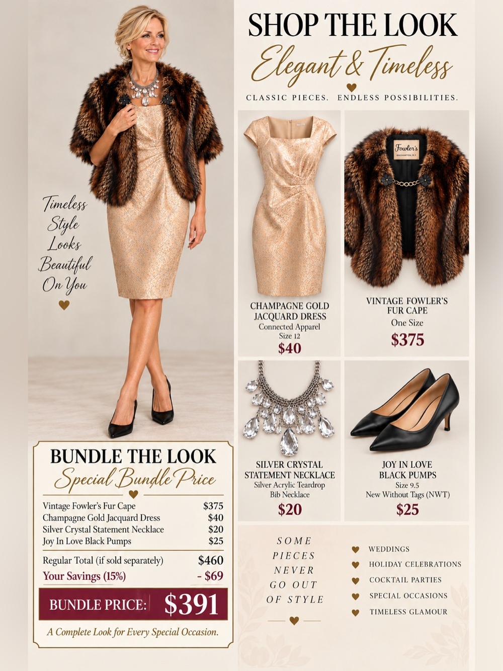 Elegant Evening Outfit Bundle Champagne Dress | Vintage Fur | Necklace | Pumps!